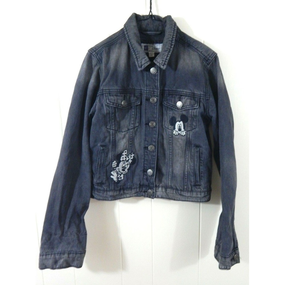 Gap Kids Disney Jean Jacket Black Denim Mickey Minnie Embroidered EUC